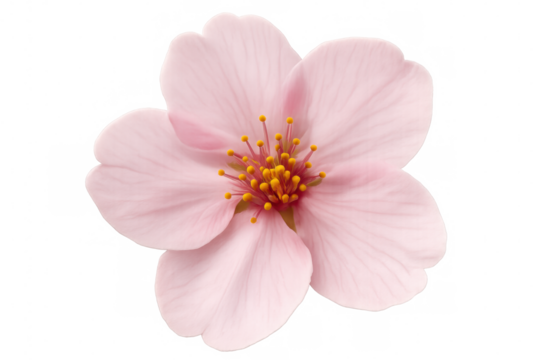 Pink sakura bloom with delicate petals and bright yellow stamens. Transparent background highlighting spring nature theme