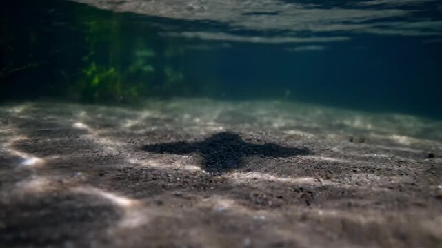 Underwater shot showcasing sunlight filtering through water, illuminating the sandy bottom