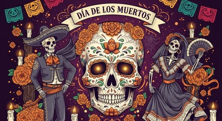 Obraz premium Day of the Dead celebration with skeletons, flowers, and candles.