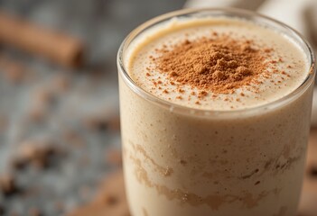 Close-up of winter smoothie topped with cinnamon powder, copy space on one side, smooth creamy texture, cozy tone, perfect for food ad mockup.