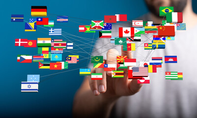 Conceptual image showing a global network of connected flags representing international relations, teamwork, and cooperation. Perfect for illust