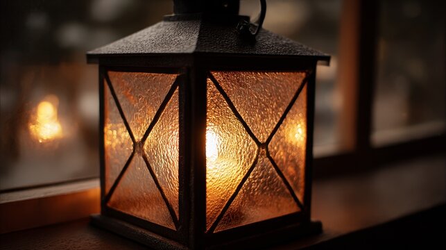 A warm lantern illuminates a window ledge with a faint reflection Its textured glass casts an orange glow against the dim background - Powered by Adobe