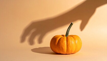 Carved jack-o'-lantern casting spooky hand shadow on white wall — classic Halloween icon with eerie lighting.