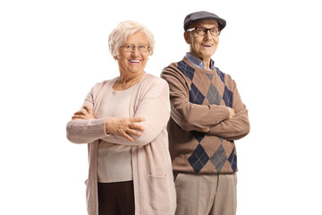 Elderly man and woman smiling and posing with crossed arms