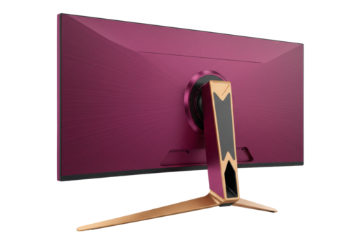Isolated large purple computer monitor with gold stand, from behind, for graphic designers