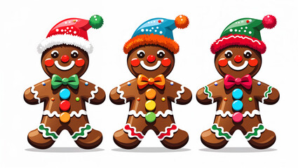 Fototapeta premium Flat illustration of three Christmas Gingerbread Men, distinct expressions, colorful candy buttons, bold lines, vibrant colors, detailed patterns, festive, cheerful, modern, intricate generative AI