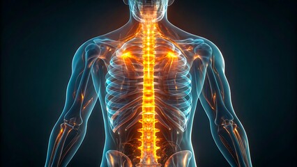 Human anatomy with glowing spine and nervous system highlighting spinal cord and medical science
