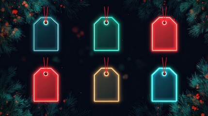 Neon Christmas Tags on Dark Forest Background with Glowing Effects