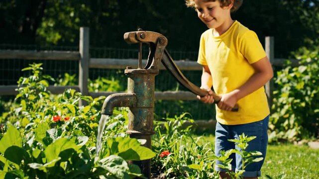 A child pumps water from an old hand pump in a lush garden, smiles while water flows