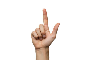 Isolated Caucasian hand pointing upward, using the index finger in a counting gesture