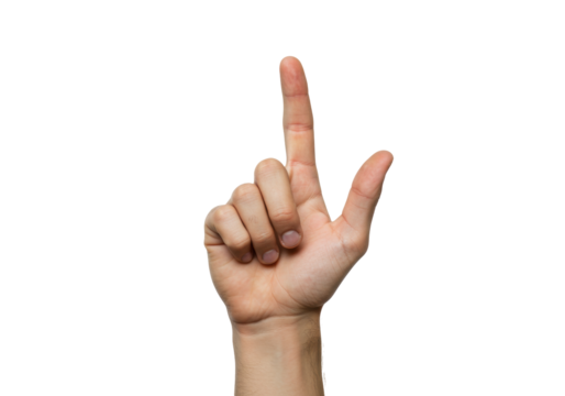 Isolated Caucasian hand pointing upward, using the index finger in a counting gesture