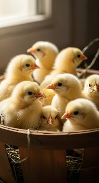 A close-up portrait of fluffy, yellow baby chicks huddled together in a rustic wooden basket, illuminated by soft sunlight