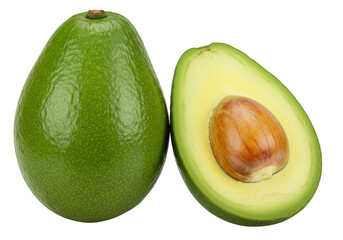 Isolated whole green avocado and a half with pit, a single serving of healthy fruit food