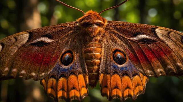 Macro shot of a moth with intricate wing patterns, detailed eyespots, and textured body