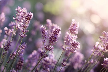Close-up view of lavender plants with sunlight illuminating the delicate purple blooms
