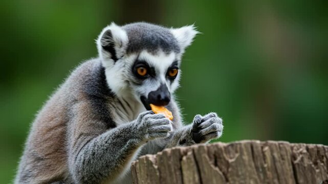 Ringtailed lemur eating a piece of food on a log