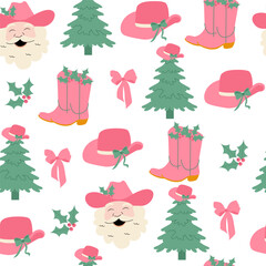 Christmas cowgirl seamless pattern with Santa, Hat, boots, bows, tree. Holiday coquette design for wrapping paper, wallpaper, backgrounds.