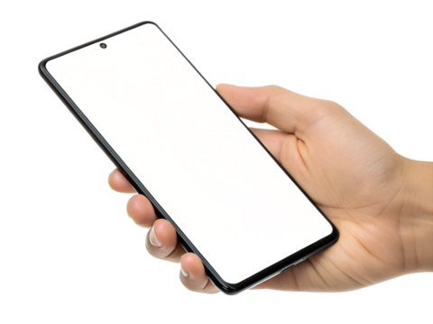 An isolated hand is holding a sleek modern smartphone device with a blank white screen, ready for transparent background placement.