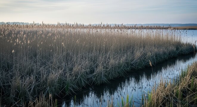 Tranquil reed marshland with calm water and clear sky at dusk