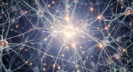 Fototapeta premium Visualization of neurons with synaptic connections and glowing signals in the brain