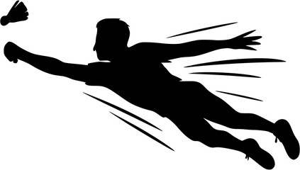 Fototapeta premium Badminton player diving save vector silhouette showing athlete reaching for shuttlecock in dramatic defensive motion.