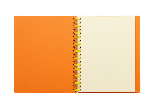 Isolated open orange notebook, spring binder, paper blank pages for mock up template design