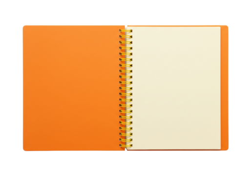 Isolated open orange notebook, spring binder, paper blank pages for mock up template design