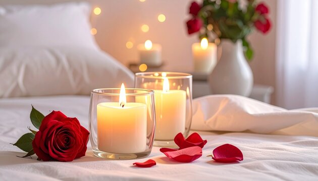 Romantic bedroom scene with candles, red rose, and petals on white bed—soft lighting and floral decor for intimate celebration.
