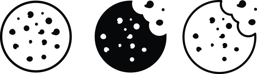 Chocolate chip cookie black silhouette icons dessert and 
bakery food vector collection