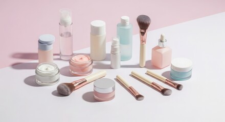 Various beauty products and makeup brushes arranged neatly on a light pink and white background.