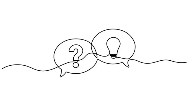 Hand drawn one line vector. Quick tips. Continuous one line drawing of question mark, light bulb and speech bubbles. Vector illustration isolated on white. Editable outline