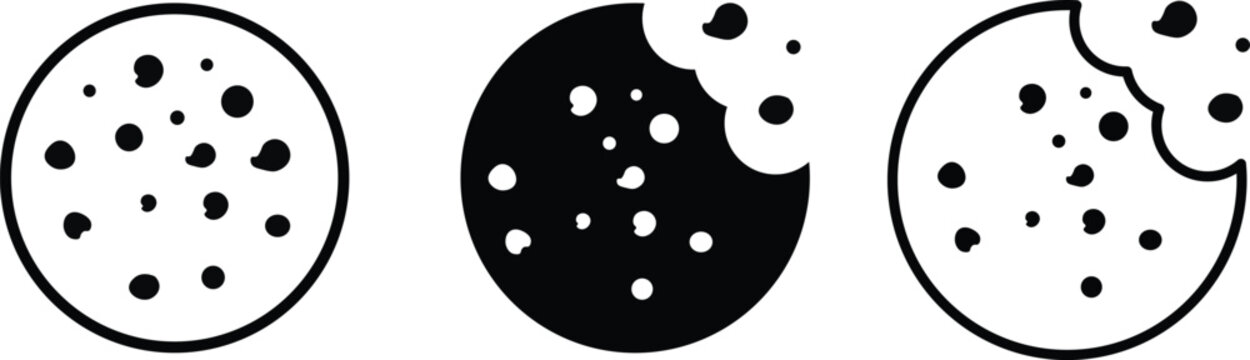 Chocolate chip cookie black silhouette icons dessert and 
bakery food vector collection