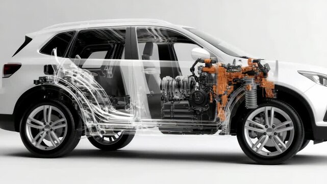 Disassembled car design: transparent structure, x-ray mechanism, internal suspension, innovative technology, modern transport, automotive solution, engineering construction, advanced element,