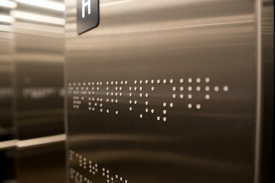 Close up of modern elevator interior showing brushed metal walls with tactile braille signage and illuminated floor indicator for accessibility - Powered by Adobe