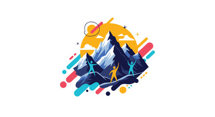 Triumphant adventurers celebrate mountain summit success with vibrant graphics, conveying achievement and teamwork in a modern, dynamic illustration