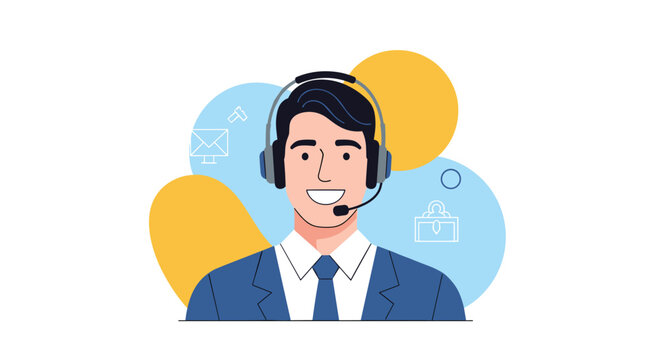Smiling customer service representative with headset ready to assist clients, offering support and solutions