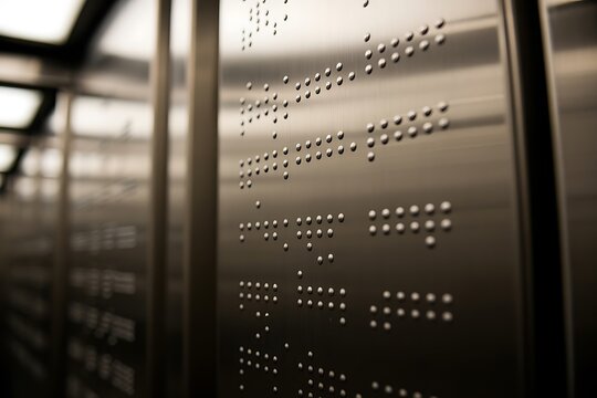 Close-up of Braille on elevator panel, promoting accessibility and inclusive design for visually impaired individuals