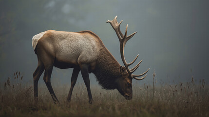 The elk grazing in misty autumn landscape near the river and mountains.