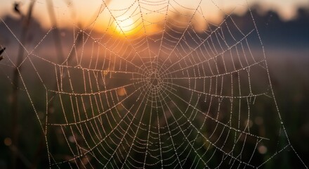 Spiderweb at Sunrise - Dew-Kissed Web in Golden Light.