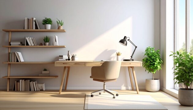 Minimalist home office with wood desk, beige chair, plants, and natural light — serene workspace in modern style.