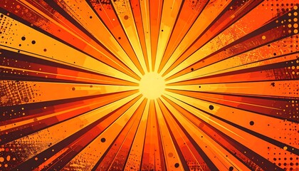 Vibrant Comic Book Style Sunburst Background with Retro Pop Art Elements and Grungy Texture.