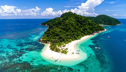 Aerial view captures a tropical island with lush greenery. White sand beaches curve around vibrant turquoise water. Boats are scattered around