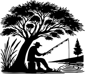 silhouette of a man fishing in a lake