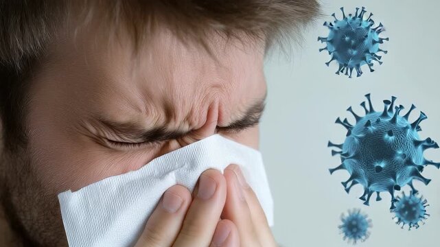 A person shows clear signs of illness as they sneeze into a tissue, demonstrating typical reactions to a cold or virus. Explore the effects and symptoms associated with these ailments