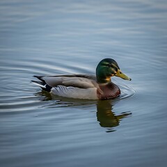 Fototapeta premium A close-up shot of a drake duck floating on calm water, reflected. The bird's feathers display detailed colors