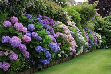 Obraz premium A vibrant display of hydrangeas in various colors, cascading over a garden bed