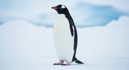 Obraz premium Gentoo penguin standing on snowy antarctic landscape