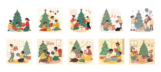 Fototapeta premium Set of vector illustrations of people opening Christmas presents with Christmas tree decorations including balls, stars and balloons.
