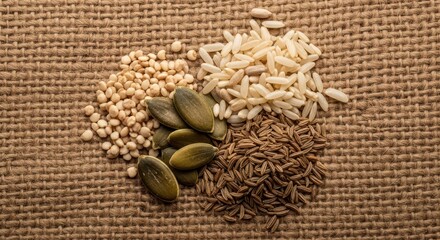 Assorted grains and seeds on burlap: rice, quinoa, cumin, and pumpkin