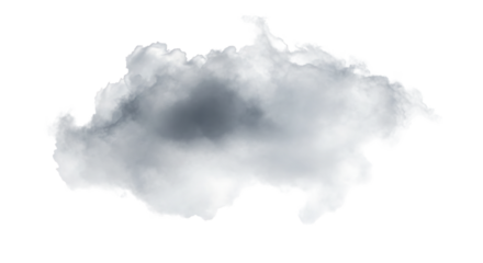 A fluffy grey cloud isolated on transparent background, casting a soft shadow below, with a slightly darker center and lighter edges, creating a sense of depth and volume in the sky, perfect for compo
